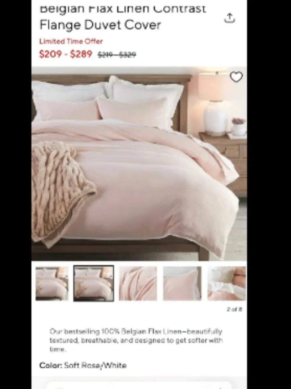 Pottery Barn Belgian Flax Linen Double Flange Soft Rose F/Q Duvet Cover Set